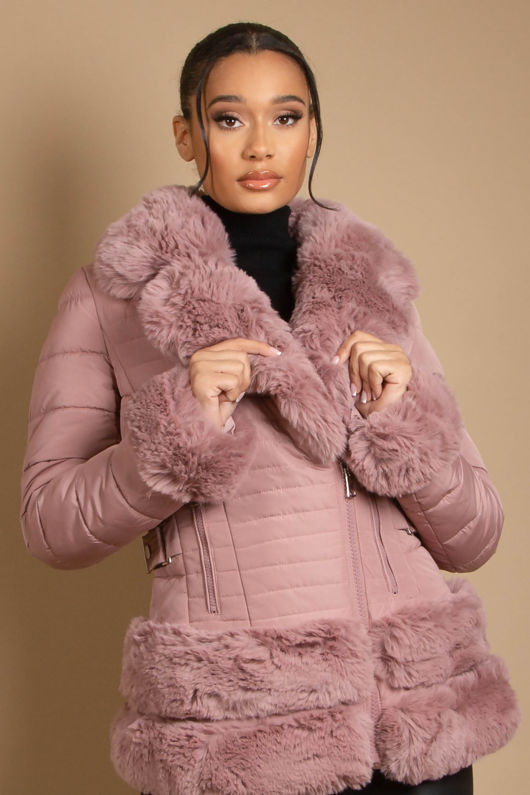 Rose Fitted Quilted Puffer Jacket With Faux Fur