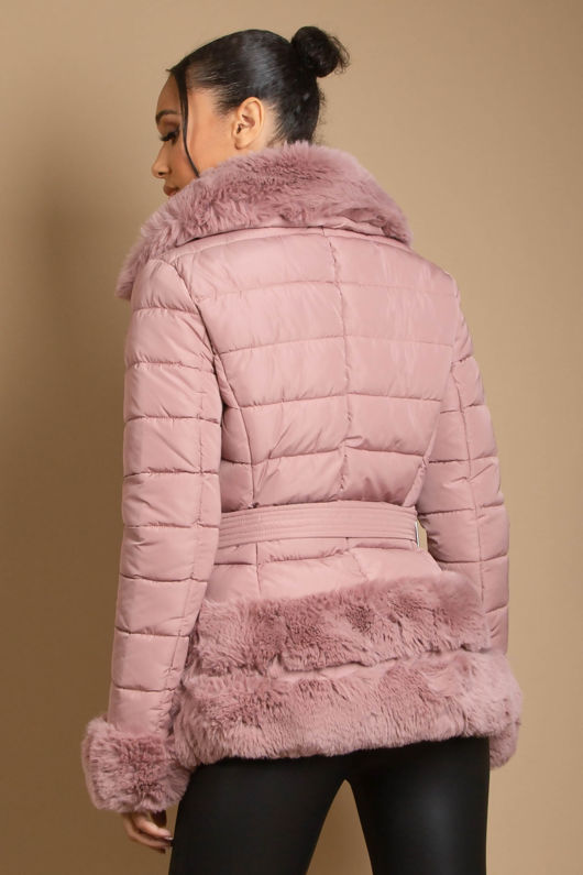 Rose Fitted Quilted Puffer Jacket With Faux Fur