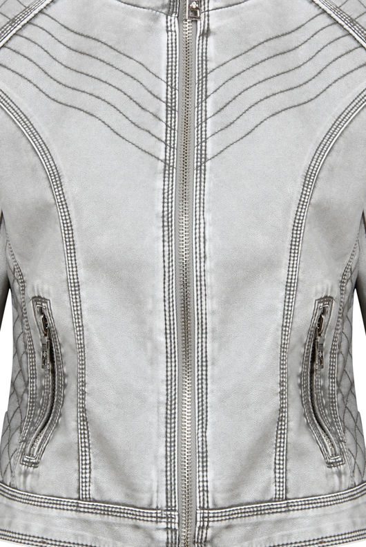 Grey Distressed Leather Stiched Pattern Jacket