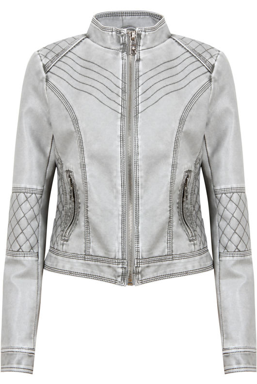 Grey Distressed Leather Stiched Pattern Jacket