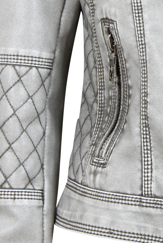 Grey Distressed Leather Stiched Pattern Jacket