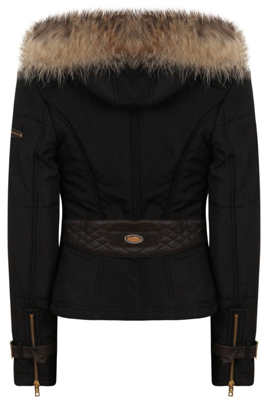 Black Waist Belt Fur Hood Premium Jacket