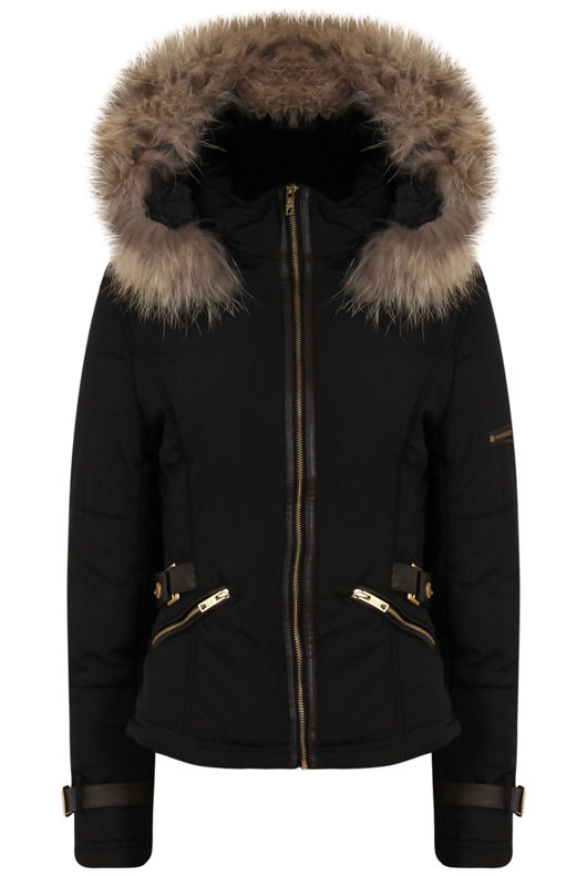 Black Waist Belt Fur Hood Premium Jacket
