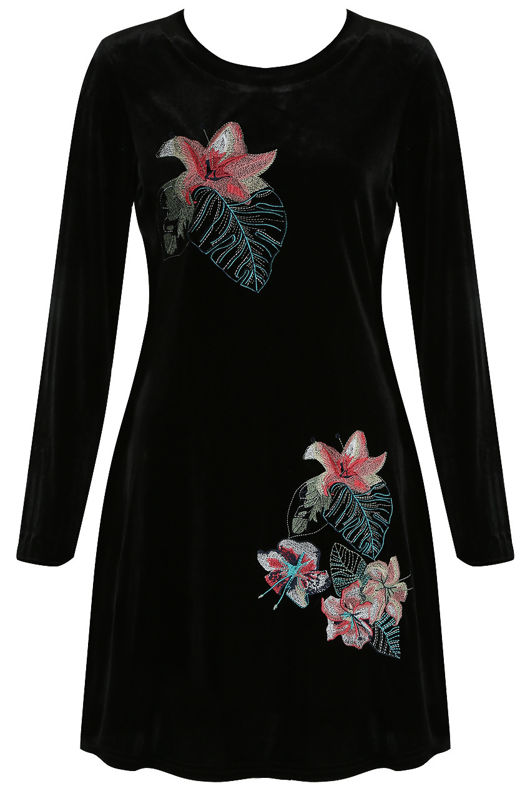 Black Velvet Embroidered Swing Dress