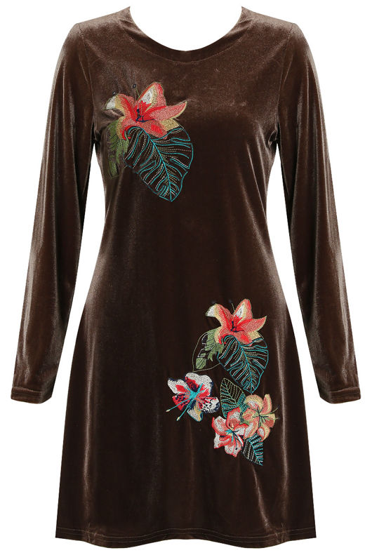 Brown Velvet Embroidered Swing Dress