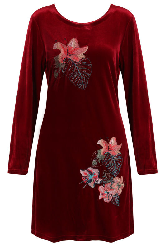 Burgundy Velvet Embroidered Swing Dress