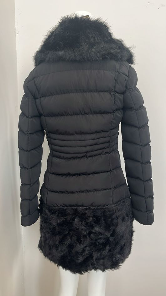 Black Longline Fur Hood Parka With Front Pannel Fur
