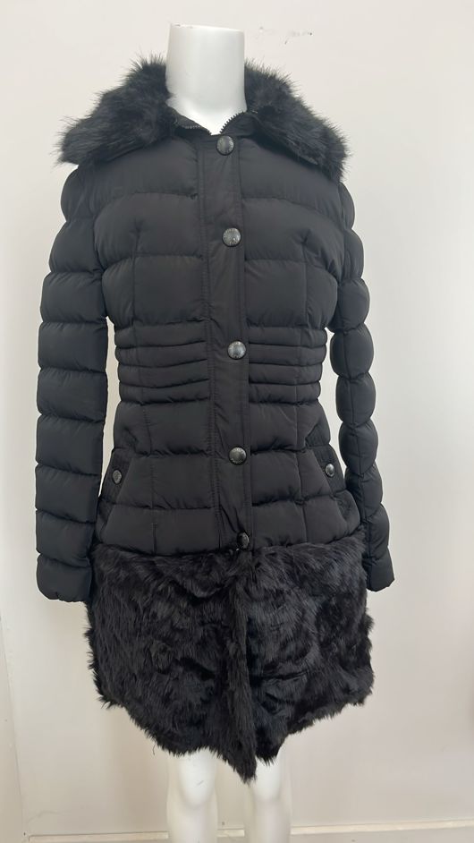 Black Longline Fur Hood Parka With Front Pannel Fur
