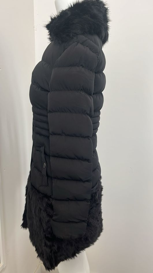 Black Longline Fur Hood Parka With Front Pannel Fur