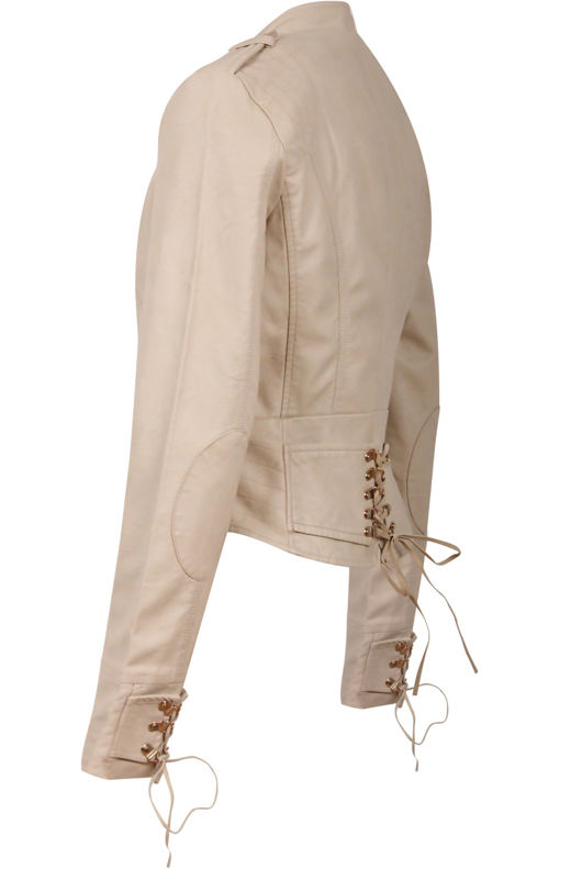 Nude Lace Fastening PU Biker Jacket