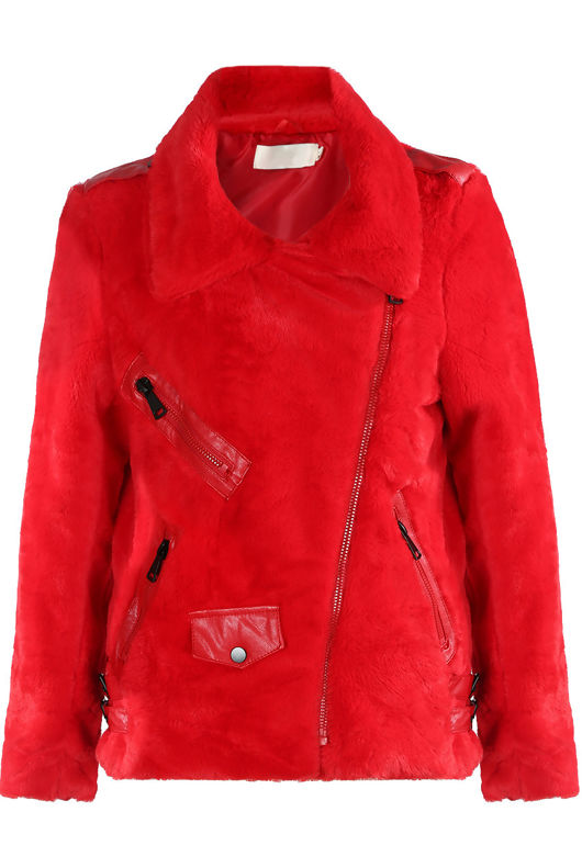Red Fleece PU Trim Zip Up Jacket