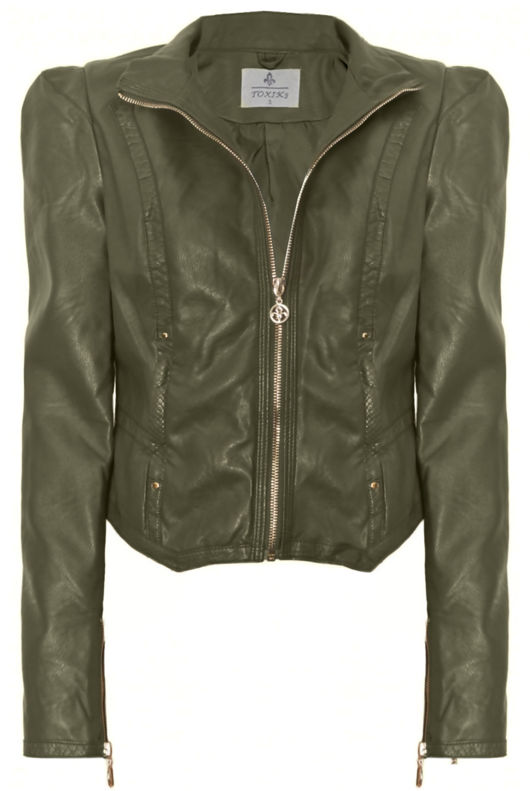 Khaki PVC Fitted Biker Jacket