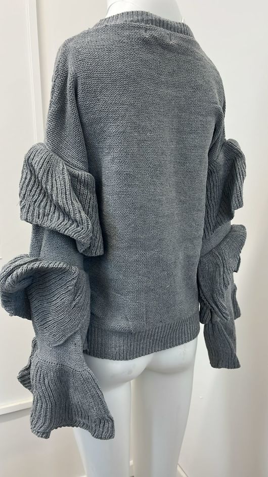 Grey Knitted Jumper With Frill Sleeve