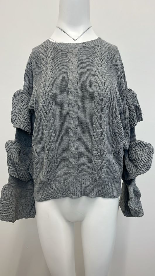 Grey Knitted Jumper With Frill Sleeve