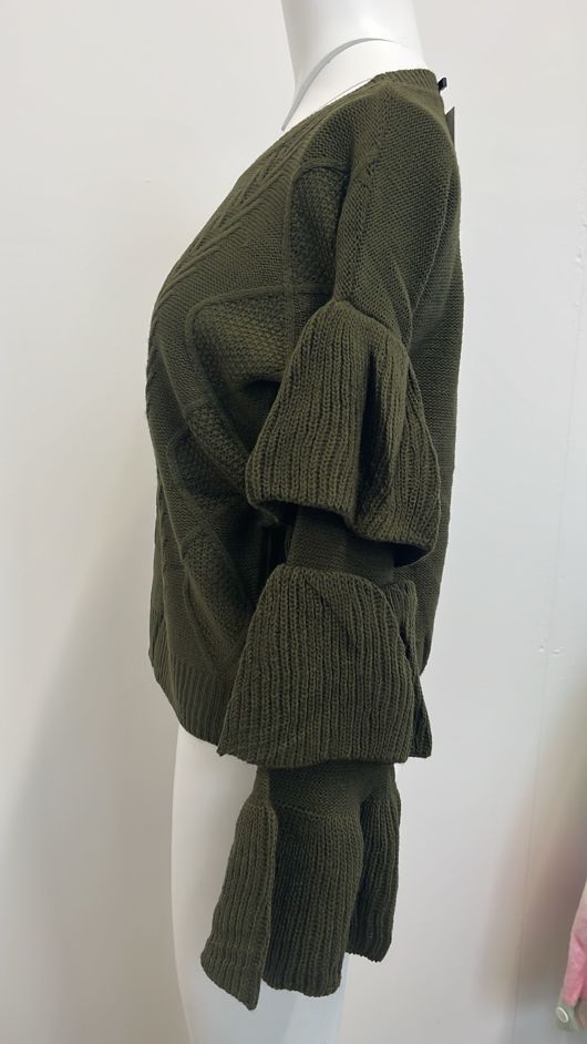 Khaki Knitted Jumper With Frill Sleeve