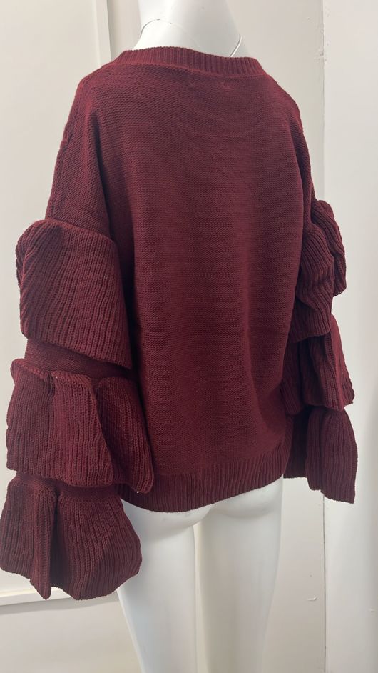Wine Knitted Jumper With Frill Sleeve