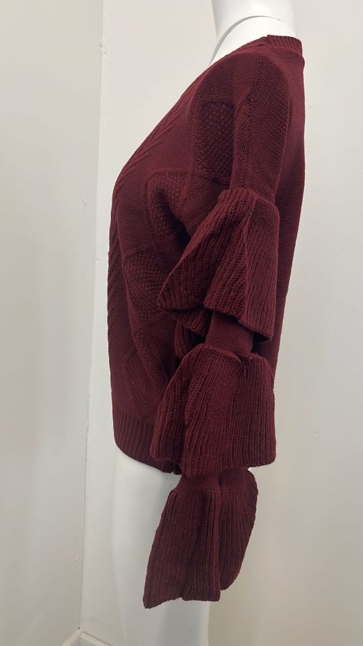 Wine Knitted Jumper With Frill Sleeve