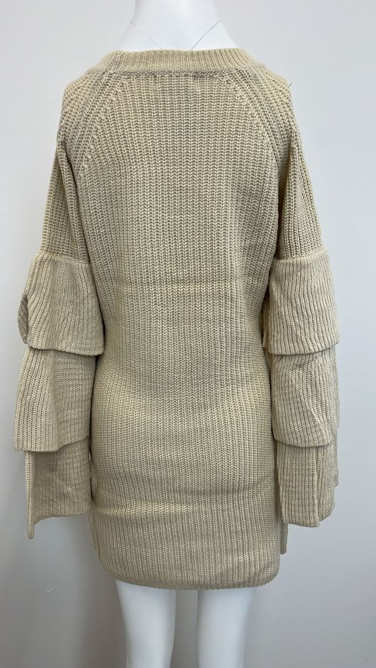 Cream Knitted Jumper Dress With Frill Sleeve