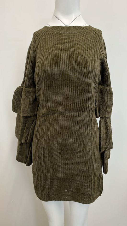 Khaki Knitted Jumper Dress With Frill Sleeve