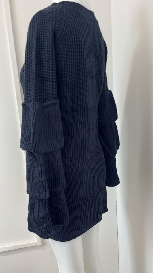 Navy Knitted Jumper Dress With Frill Sleeve