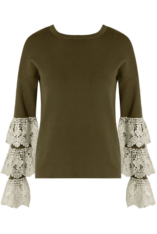 Khaki Layered Lace Bell Sleeve Jumper 