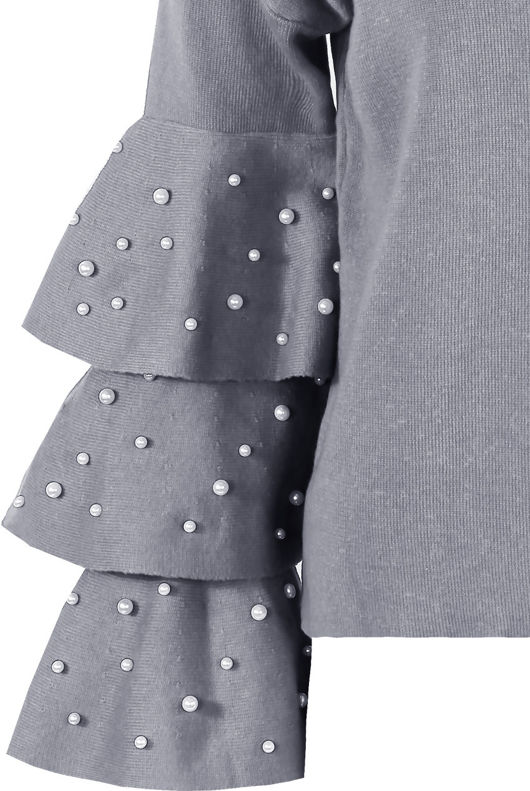 Grey Pearl Embellished Ruffle Sleeve Jumper