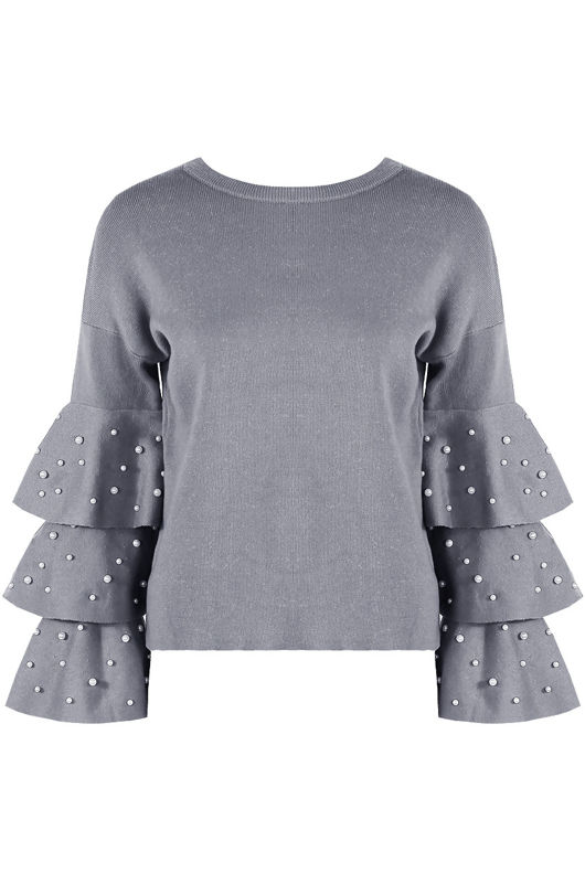 Grey Pearl Embellished Ruffle Sleeve Jumper