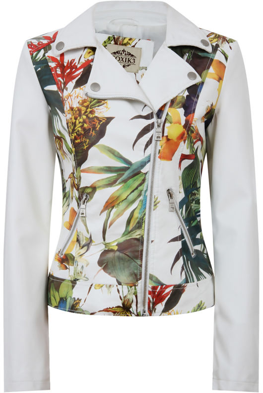 Cream PVC Floral Detail Zipped Pockets Jacket