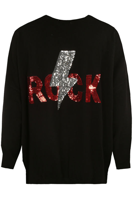 Black Sequin Rock Slogan Round Neck Jumper