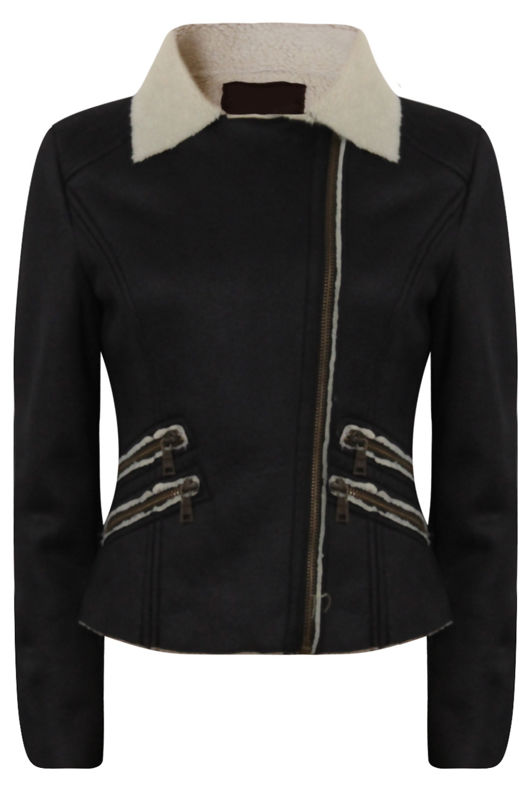Black Fur Lined Jacket with Zipped Pockets 