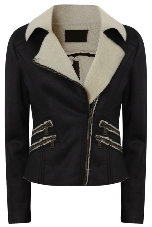 Black Fur Lined Jacket with Zipped Pockets 