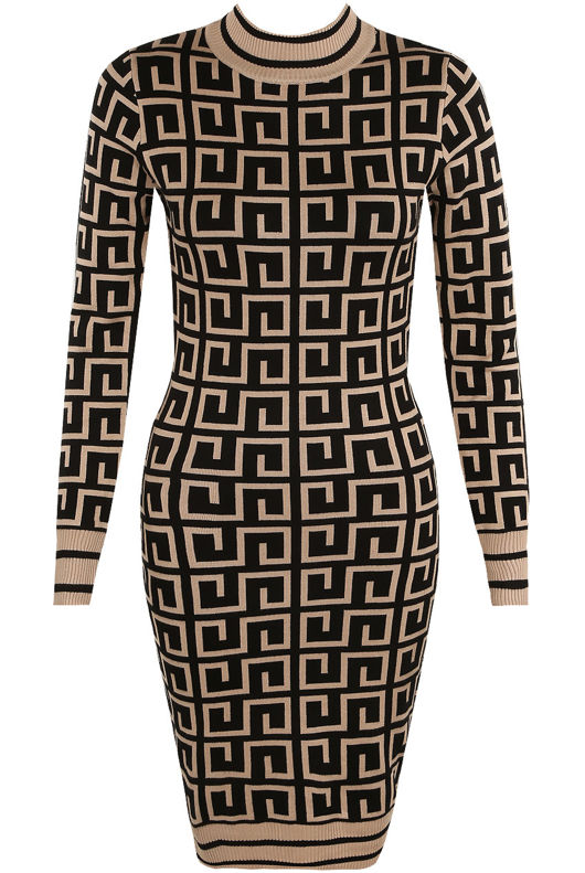Fret Print High Neck Fine Knit Midi Dress