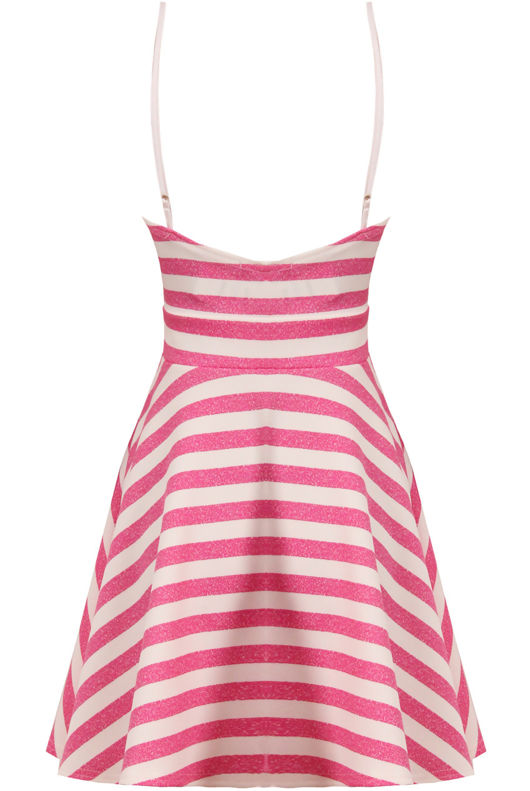 Pink & Cream Horizontal Stripe Print Flared Strappy Dress