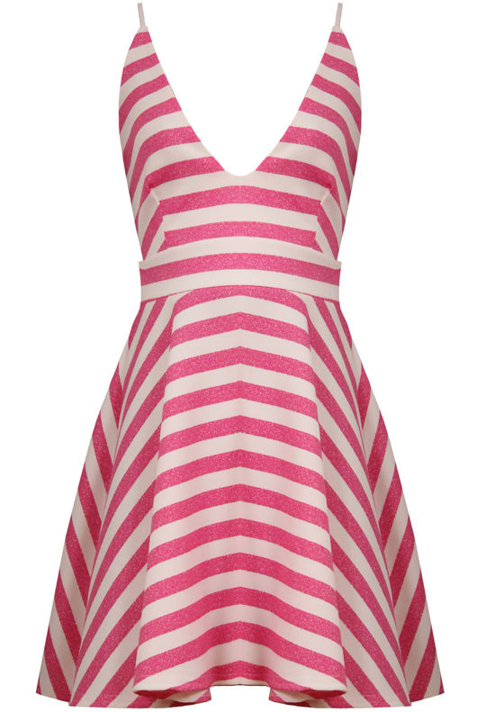 Pink & Cream Horizontal Stripe Print Flared Strappy Dress