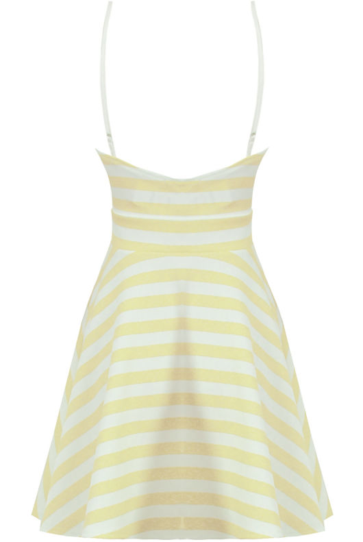 Yellow & Cream Horizontal Stripe Print Flared Strappy Dress