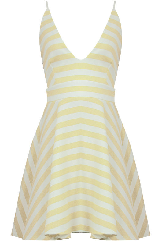 Yellow & Cream Horizontal Stripe Print Flared Strappy Dress