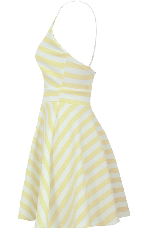 Yellow & Cream Horizontal Stripe Print Flared Strappy Dress