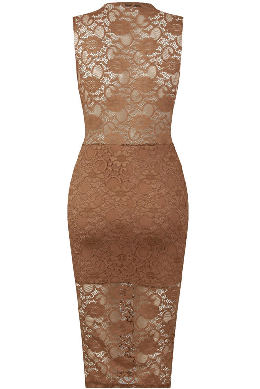 Taupe Floral Lace Textured Midi Dress
