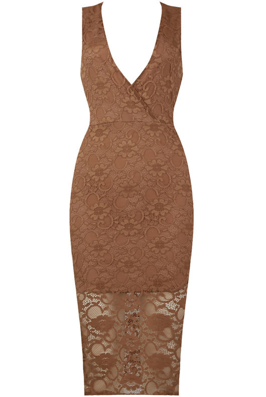 Taupe Floral Lace Textured Midi Dress