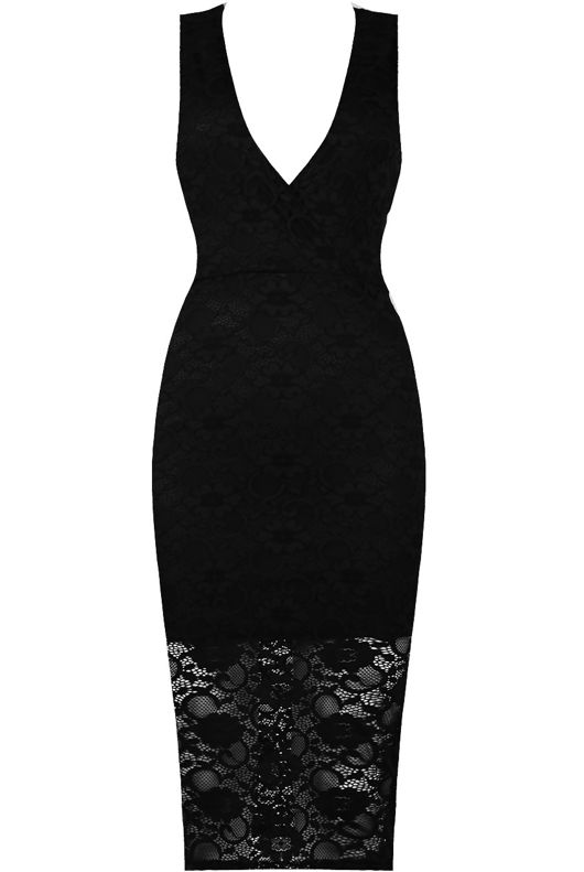 Black Floral Lace Textured Midi Dress