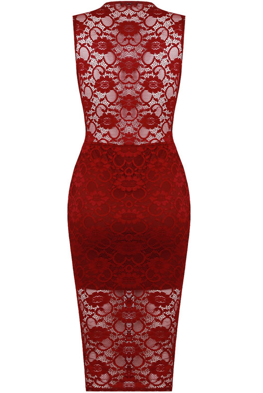 Wine Floral Lace Textured Midi Dress