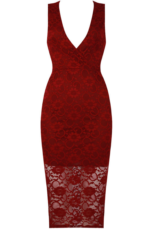 Wine Floral Lace Textured Midi Dress