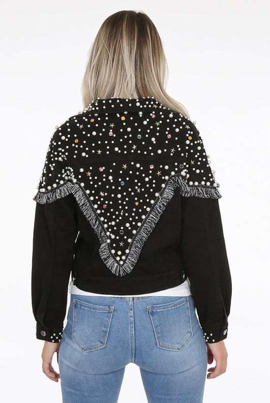 Black Fringe Pearls & Stones Trim Denim Jacket