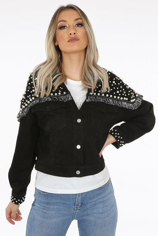 Black Fringe Pearls & Stones Trim Denim Jacket