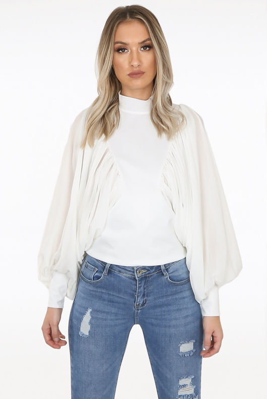 White Drape Wing Sleeve Mock Neck Blouse