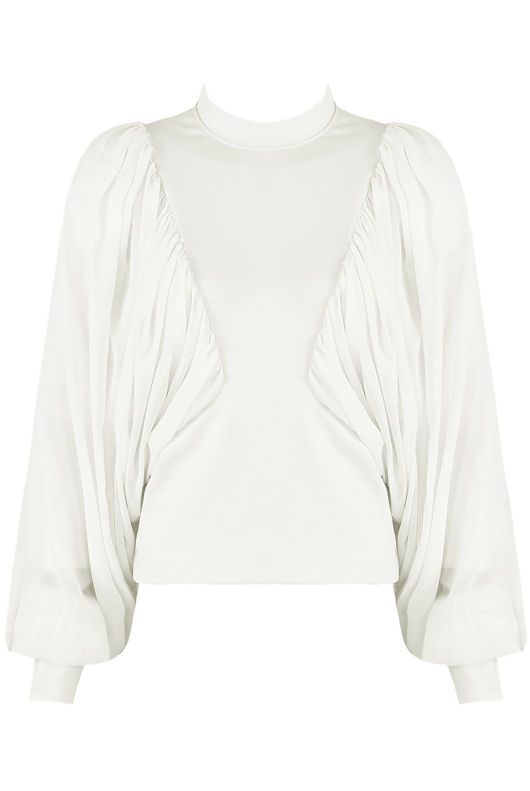 White Drape Wing Sleeve Mock Neck Blouse