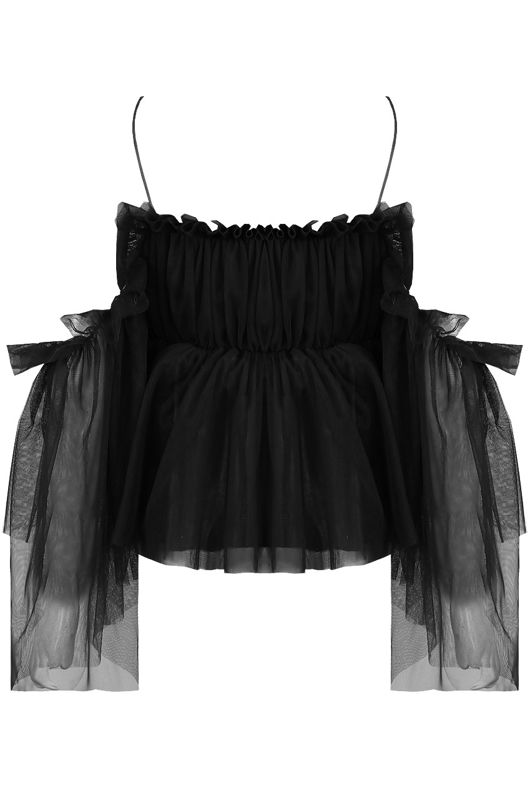Black Cold Shoulder Elasticated Mesh Tops