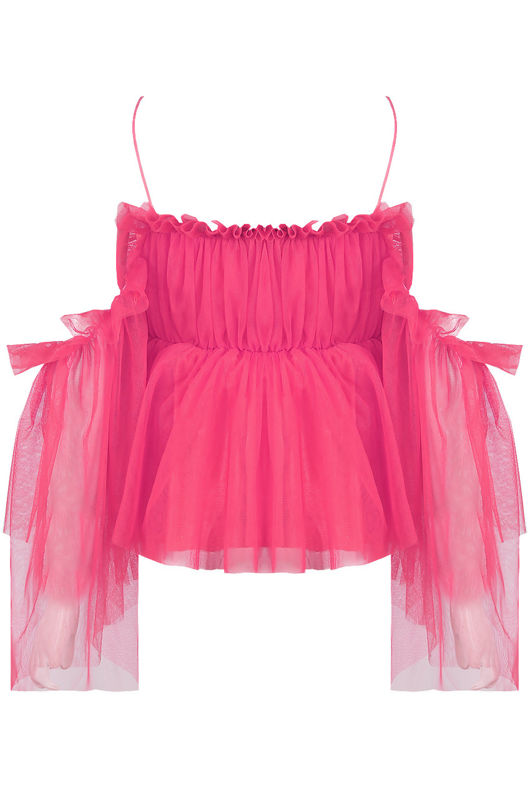 Fuchisa Cold Shoulder Elasticated Mesh Tops