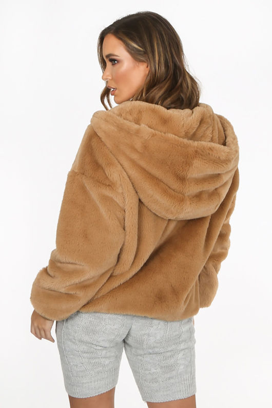 Luxe Faux Fur Zip Up Hoodie In Beige
