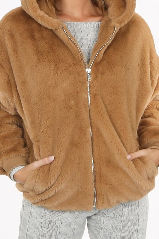 Luxe Faux Fur Zip Up Hoodie In Beige
